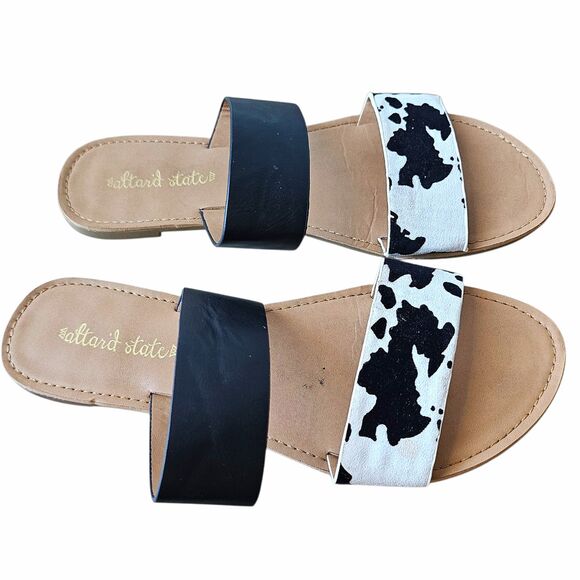 Altard State Cow Print Black Two-Strap Flat Slides Sandals Size US 7.5 - Picture 1 of 7